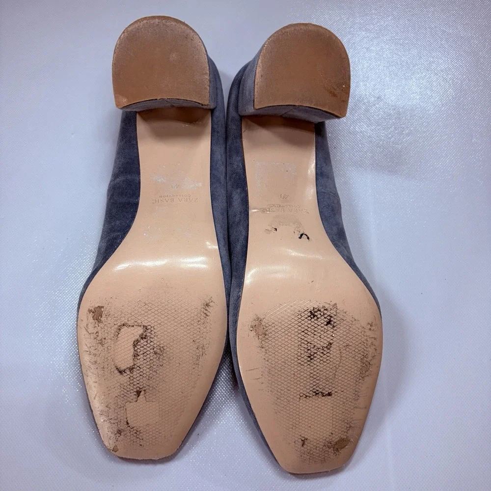Zara Basic Blue/Gray‎ Suede Block Heel Pumps Size 40 US 9 9.5 Square Toe Chunky